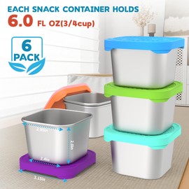 CasaCulina 6 Pack 6oz Stainless Steel Snack Containers, Easy Open Leak Proof Stainless Steel Food Storage Containers with Silicone Lids, Small Metal Lunch Box Container for Office, Travel