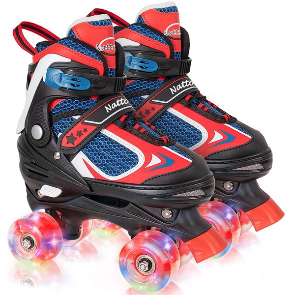 Kids Roller Skates for Boys - Red for Big Kids Age 7 8 9 10 - Adjustable All Light up Wheels Indoor Outdoor Sports Birthday Gift for Son and Grandson