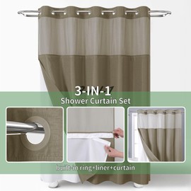 eachope No Hook Shower Curtain with Snap-in Fabric Liner Set,Slub Textured Fabric Shower Curtains for Bathroom,Hotel Style Modern Shower Curtain,Water Repellent & Washable,71x77(75),Tan/Khaki