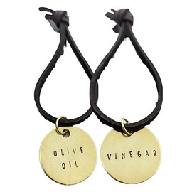 Olive Oil & Vinegar Dispenser Bottle Labels Set of 2, Hand-Stamped Brass Name Tags on Leather Strings, Gold Color, Kitchen Organization, Housewarming Gift Idea, Wedding Gift