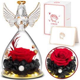 LURLIN Birthday Day Rose Gifts for Women, Preserved Flowers Rose Gift for Mom, Glass Angel Figurines with LED Forever Rose for Grandma Wife Friend Teacher, Nurse, Anniversary Day Girls Gift for Her
