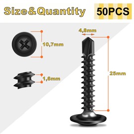 Wavanta 50Pcs Self Tapping Screws, M4.8 x 25mm Wafer Head Self Drilling Screws for Metal, Stainless Steel Self Tapping Screw, Black Oxide, Tek Screw with Screwdriver Bit