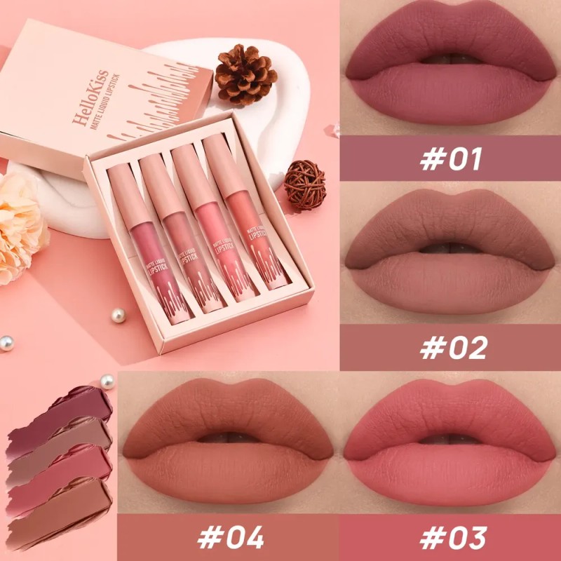 Set 4 Labiales Mate Terciopelo Impermeable No Transfiere