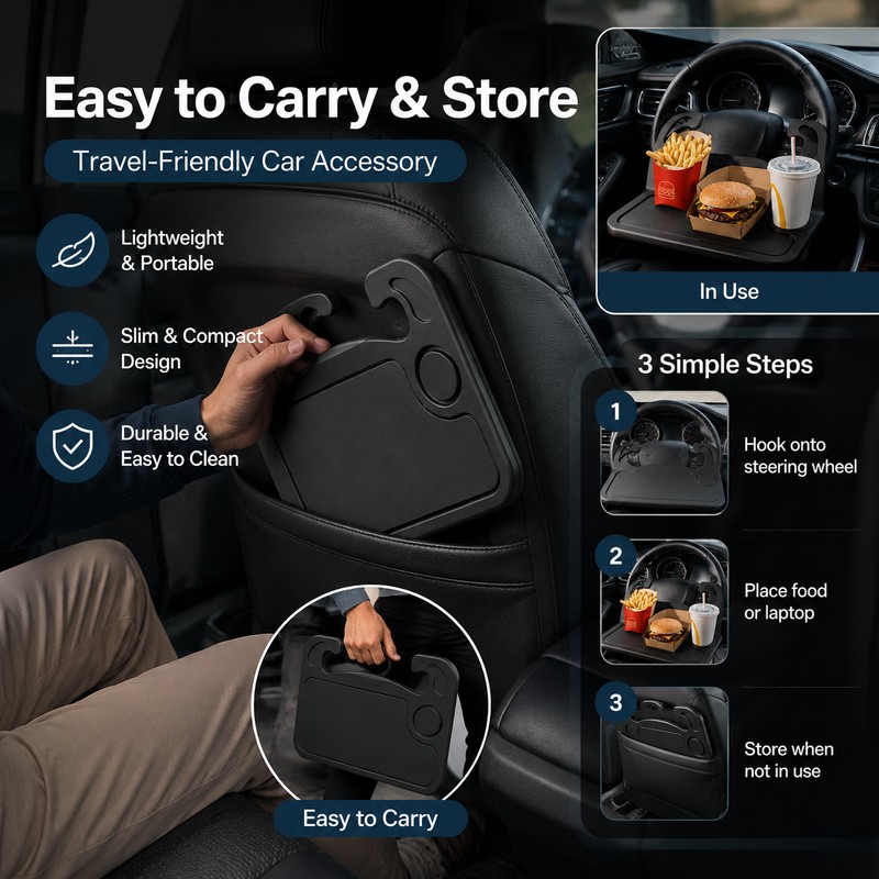 Steering Wheel Tray for Car Dining – Foldable ABS Table
