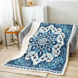 Oriental Sherpa Blanket Vintage Blanket, Art Deco Floral Throw Blanket for Chair Boho Tribal Fleece Blanket Throw Size Traditional Aesthetic Plush Blanket, Hippie Paisley Mandala Decor Blue