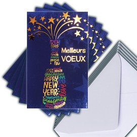 M5-506 Set of 5 Identical Best Wishes Cards in Gold 13.5 x 8.5 cm + 5 White Envelopes 14 x 9 cm Happy New Year Wishes January Words in the Shape of a Bottle Stars – Created Printed Made in France