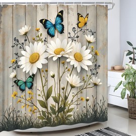 Rustic Floral Butterfly Shower Curtain Farmhouse Daisy Flower Vintage Grey Wooden Plank Nature Spring Garden Wildflower Plant Country Girls Fabric Bathroom Decor Curtain Sets with Hooks 70" WX70" H