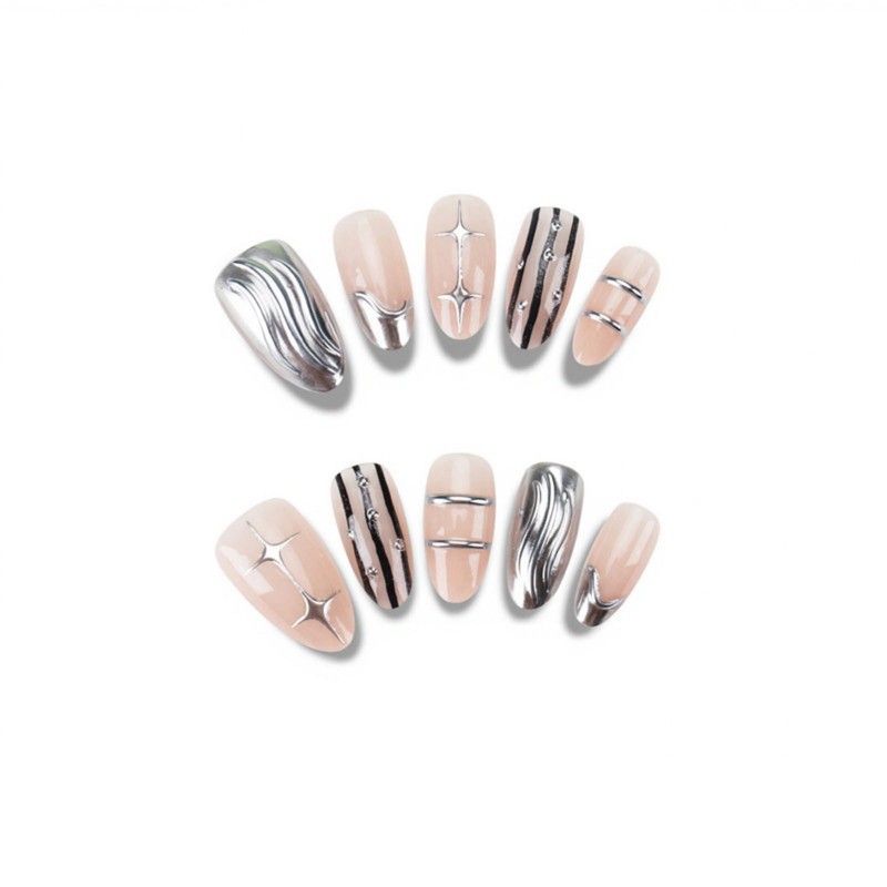 Silver Nails Press ons Short Almond Fake Nails Glossy Nude