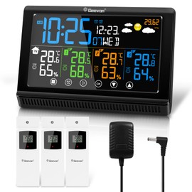 Geevon Weather Stations Wireless Indoor Outdoor, Digital Color Display Thermometer Hygrometer with 3 Sensors, AC Adaptor and Adjustable Backlight, Temperature Humidity Monitor for Home Office Bedroom