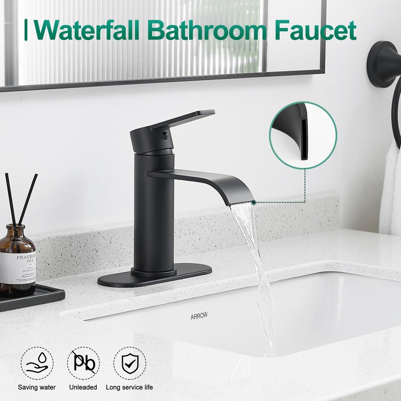 VOTON Matte Black Waterfall Bathroom Faucet, Single Handle 1 or