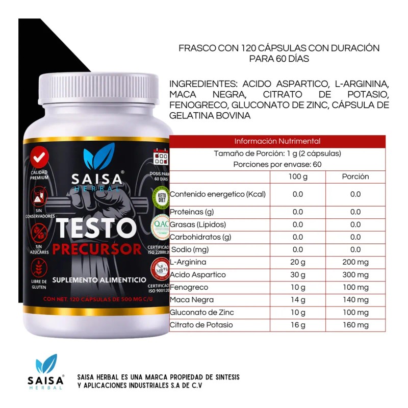 Precursor Testosterona 120 Cáps Saisa Herbal Suplemento Natural Apoyo Muscular