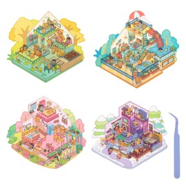DIY Scene Sticker, 4 Set Kawaii 3D House Sticker Create Your Own Warm Mini Home Fun Cartoon Animal Scene Stickers for Adult Teens Art Stickers Relief Stress Pass The Time