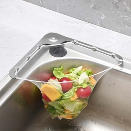 Kitchen Sink Hanging Strainer with 50 Pcs Disposable Net Bags, 304 Stainless Steel Corner Sink Basket Holder Mesh Sink Strainers for Kitchen Sink Food Catcher, Sink Trash Catcher for Leftovers