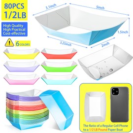 MotBach 80 Pack 1/2Lb Colorful Paper Food Boat Trays Disposable Small Paper Boats, Mini Kraft Food Trays Paper Food Serving Tray Boats for Snack Dessert Fries Popcorn Taco Nacho