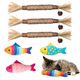 Catnip Toy, Pack of 3 Plush Fish with Catnip 19 cm, 3 Pieces Cat Chewing Wood Sticks, Interactive Cat Toy for Dental Care, Exercise and Long-Term Fun