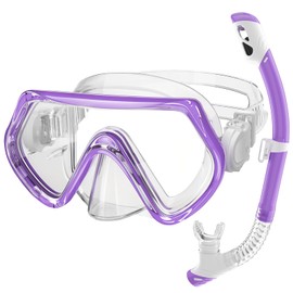 Kids Snorkel Set, Unisex Kids Swimming Goggles, Anti-Fog Diving Mask and Dry Top Snorkel Combo Set for Kids 3-14 (Purple)