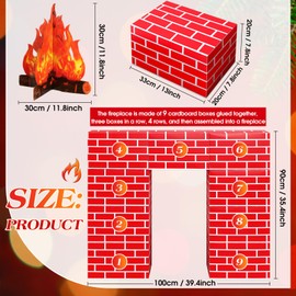 Fullhawl 3D Artificial Red Brick Cardboard Fireplace 39 x 35 Inch DIY Christmas Fireplace with 3D Fire Flame Prop Fake Fireplace Backdrop for Christmas Party Background Decoration