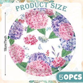 HSPAIDYP 50Pcs Hydrangea Paper Plates Pink & Purple Flower Party Supplies 7" Flower Plates Watercolor Floral Dessert Plates for Spring Bridal Shower Wedding Tea Party Floral Birthday Party Decor