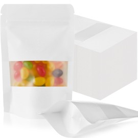 Leelosp 300 Pcs Kraft Bags with Window 3.5 x 5.5 Inch Kraft Stand up Paper Bags Reusable Food Storage Pouches Heat Sealable Zipper Sealing Pouches Bulk for Packaging Business(White)
