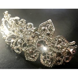 NY FASHION ACCESSORIES New Stunning Silver 4'' Floral Barrette With Smoke Grey and Clear Crystal