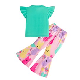 Trsenvrml Girls Easter Outfit for Kids Egg Hunting Squad Shirts Ruffle Sleeve + Toddler Flared Bunny Pants Set (Green, 3-4T)