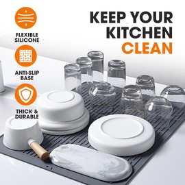 Cheer Collection Silicone Small Dish Drying Mat for Kitchen Counter, Silicone Drying Pad and Trivet for Dishes, Dishwasher Safe and Heat Resistant Sink Mat, 16" x 12"