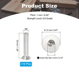 PATIKIL M6 x 35mm Flat Head Socket Cap Screws, 10 Pack 304 Stainless Steel 18-8 Machine Screws Flat Countersunk Bolts Hex Socket Drive Fasteners Grade 6.8