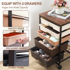 SYKIARIOL Utility Cart with 5 Drawers,Storage Drawer Cart with Wooden Tabletop and Lockable Wheels,Craft Storage Trolley Cart,5-Tier Rolling Utility Cart on Wheels,Dark Brown