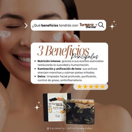 INFINITE WONDER Jabón de CARBÓN y cúrcuma esencial, 100% orgánico, artesanal y vegano. Detox corporal, nutrición intensa, suavidad, exfoliación y aromaterapia para mujeres y hombres. Barra nutritiva para todo tipo de piel. Cara y cuerpo. Turmeric-Charcoa