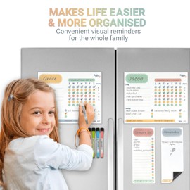 Magnetic 4pcs Chart Set for Fridge - Pastel Chore Charts for Multiple Kids - To-Do List & Blank Memo Sheet - 5 Fine Tip Markers - Dry Erase Refrigerator White Boards - Organise the Family