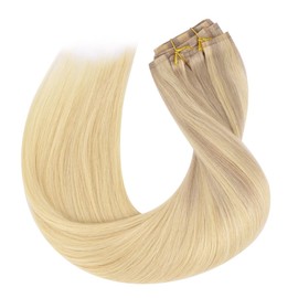 HOTBANANA Seamless Clip in Hair Extensions 18 inch 130g 7pcs Ash Blonde to Golden Blonde and Platinum Blonde Clip in Remy Human Hair Extensions Straight Hair Invisible PU Skin Weft