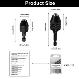 2 Pcs Drill Chuck Adapters, 1/4 Inch Hex Shank Keyless Drill Chuck Conversion Tool, 0.3-6.5 mm & 0.3-3.6 mm Quick Change Screwdriver Adapter Converter Rotary Hammer Conversion Tool + 20 Drills