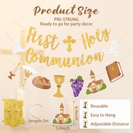 Yeaqee First Holy Communion Banner Gold Glitter Baptism Decorations Religious Banner First Holy Communion Decor for God Bless Baby Shower First Birthday Party Decor