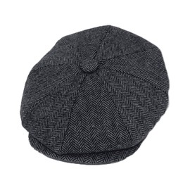 Mens Tweed Flat Cap, Newsboy Cap,Baker Boy Style Flat Hat,Wool Tweed 8 Panel Fashion Cap Hat for Autumn Winter Large Grey Herringbone