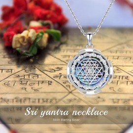 PELOVNY Sri Yantra Geometry Necklace 925 Sterling Silver Abalone Sri Sacred Pendant Sri Yantra Jewelry for Mothers Day Birthday Christmas Gifts Men Women