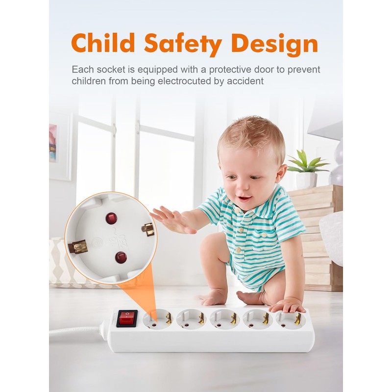 GRIFEMA Power Strip 5-Way Multiple Socket with Switch, 3500 W,