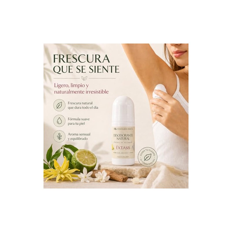 Herbolaria Selecta Desodorante Natural Roll-On Éxtasis, Piedra de Alumbre, Sábila,