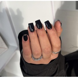 SXVME All Black False Nails Medium Short Square, Press on Nails Medium Glossy Gel Full Cover Fake Nails Solid Color Natural Fit Reusable Acrylic Nails for Women Daily Wear, in 24 Pcs