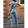 Tongmingyun Women's Cap Sleeve Denim Jumpsuit Button Down Straight Leg