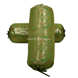 Stylo Culture Ethnic Decorative Settee Bolster Pillow Covers Olive Green Gold Elephant Jacquard Silk Round Meditation Pillow Floral Cylindrical Brocade Cushion Covers - (76x38 cm) | Set of 2 Pcs