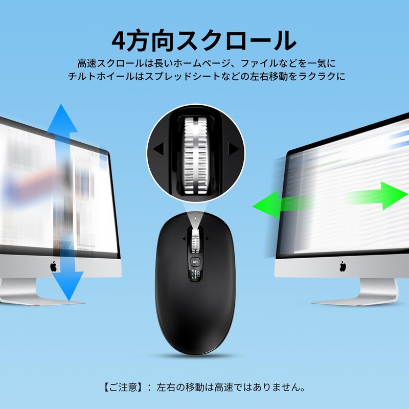 INFINMIND ワイヤレスBluetoothマウス 4方向スクロール 4段階DPI マルチデバイス クリック切替 マルチOS 静音 電池付き 両利き