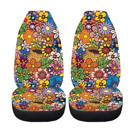 Drydeepin Boho Hippie Daisy Flower 70s 80s Groovy Aesthetic Car Seat Covers for Women Elastic Bucket Auto Seat Protector Front Seats Only Universal Fit Truck SUV Van Interior Accessories(2 Pack)