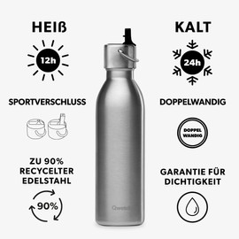 Qwetch - Drinking Bottle 600 ml Stainless Steel - Thermos Flask Made of 90% Recycled Stainless Steel with Sports Cap - 24 Hours Cold & 12 Hours Hot - Insulated Flask, Leak-Proof, BPA-Free and Compact