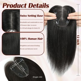 Uaismewow Human Hair Toppers for Women Near Black Human Hair Toppers for Thin Hair 14inch Remy Human Hiar Breathable Silk Base Clip in Hair Pieces with Baby Hair for Women #1B cover 4 * 4.8inch