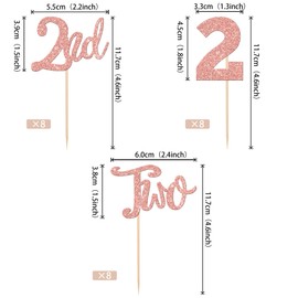 24 decoraciones para cupcakes de 2º cumpleaños, con purpurina, dos púas para cupcakes número 2 segundos cumpleaños, decoraciones para cupcakes para baby shower, niños, segundo cumpleaños, aniversario, fiesta, decoración de pasteles, suministros de oro ro
