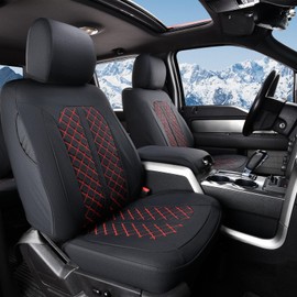 Truckiipa Leather F150 Seat Covers Front Seat Cover Truck Seat Cushion Protector Custom Fit for 2015-2024 Ford F150 SuperCrew, 2017-2024 F250 F350 F450 Super Duty Crew Cab, Front Pair, Black&Red