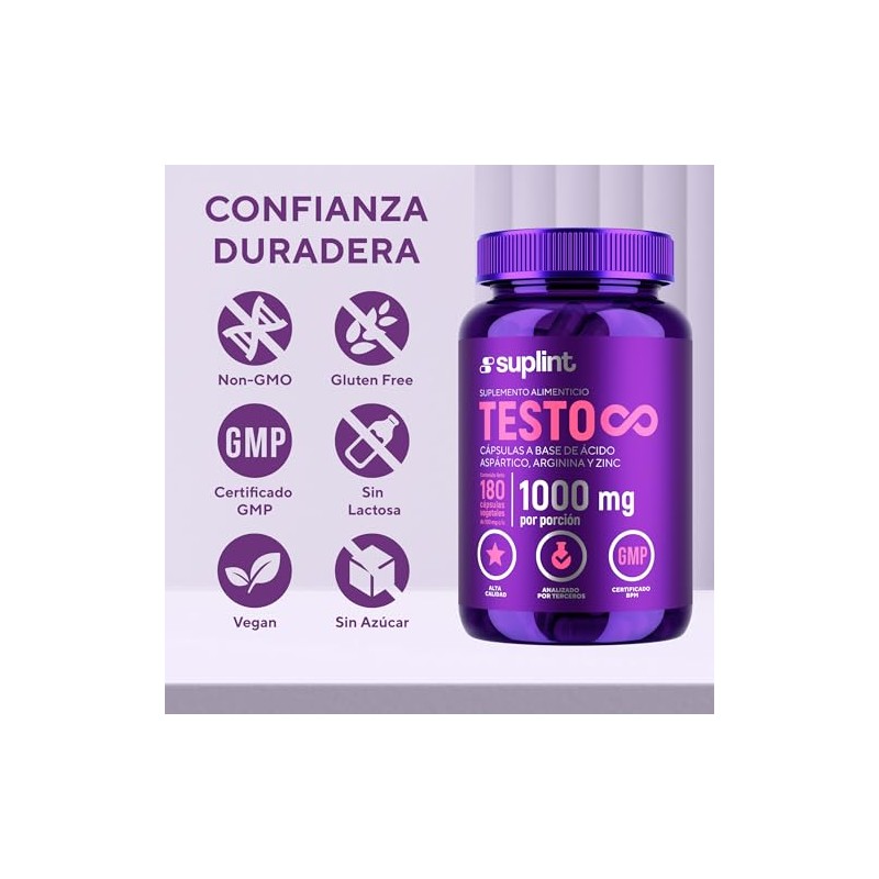 Testo Suplemento Hombre Ácido Aspártico Fenogreco Arginina Zinc Vegano Gluten