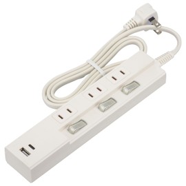 Ohm Electric HS-TPU31PD23-W 00-1009 OHM Power Strip, 3 Ports, Rapid Charging, Type C/Type-A Port, 3.3 ft (1 m), White