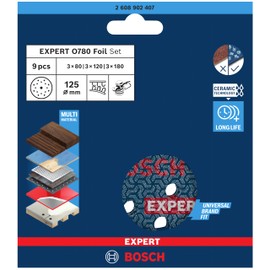Bosch 9x Expert O780 Foil Sanding Discs Set, 125 mm, 9-Piece (for Hardwood, Paint on Wood, Diameter 125 mm, Grit 3 x 80, 3 x 120, 3 x 180, Professional Accessories Random Orbital Sander)