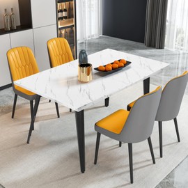 FurnitureR Dining Table 62.9 Inch for 4-6 Person with Sturdy Faux Marble Print Tabletop and Metal Steel Legs, Stylish Rectangular Functional Table for Kitchen Dining Room, Marble White